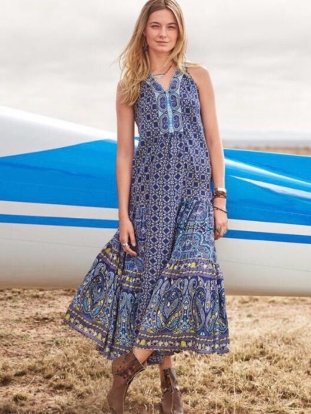 Sundance plaza sweet maxi dress silk blue paisley mosaic tiered women’s size 6